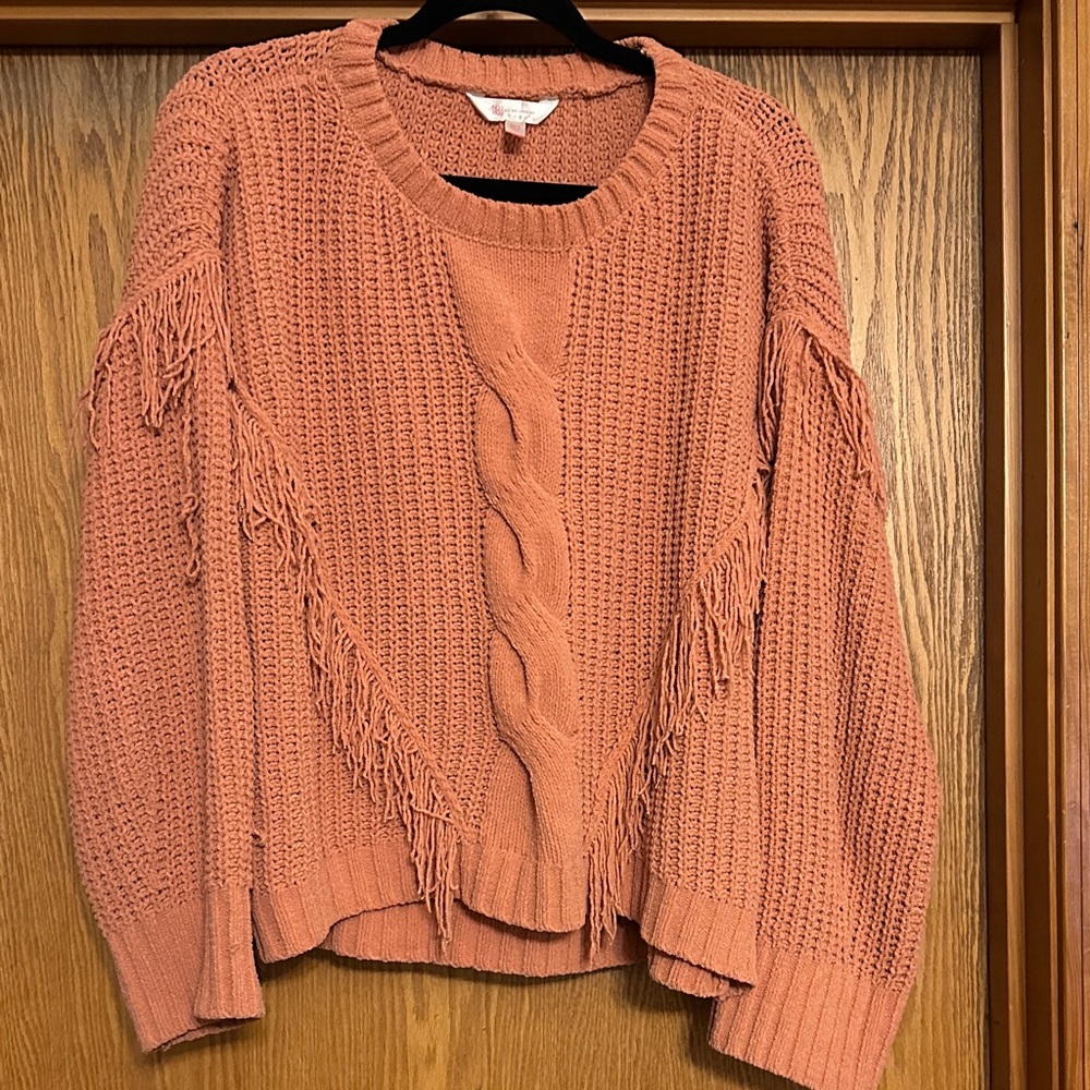 No Boundaries Coral Fringe Cable Knit Sweater